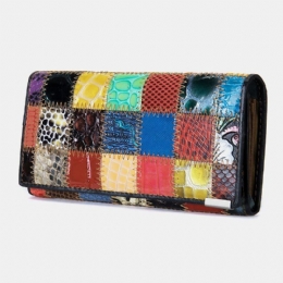 Dame Ægte Læder Bifold Farvet Geometrisk Mønster Multi-card Slot Card Case Pengeclips Møntpung Lange Clutch Tegnebøger