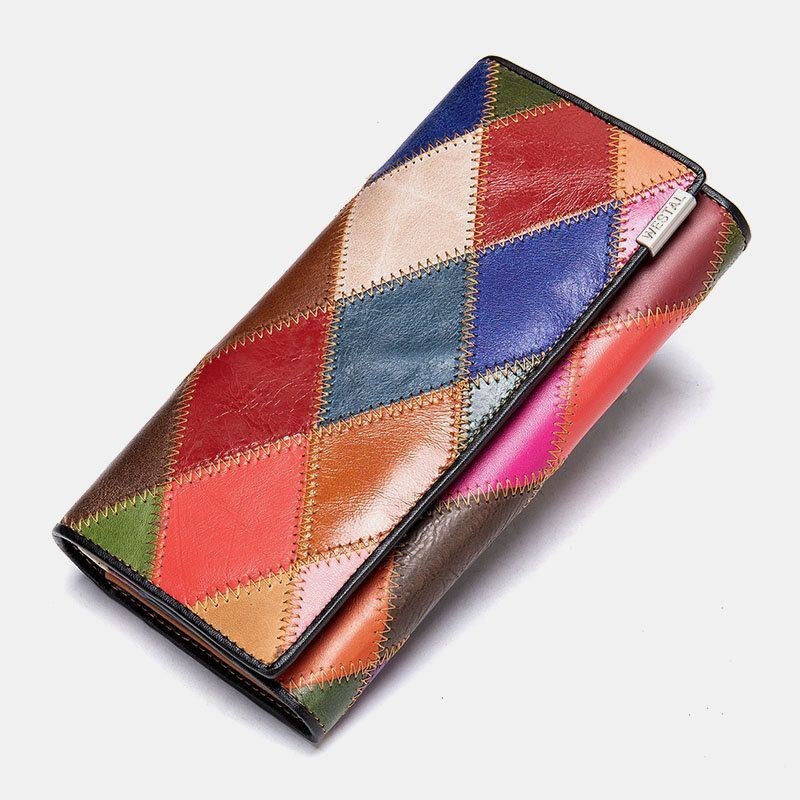 Dame Ægte Læder Bifold Farvet Geometrisk Mønster Multi-card Slot Card Case Pengeclips Møntpung Lange Clutch Tegnebøger