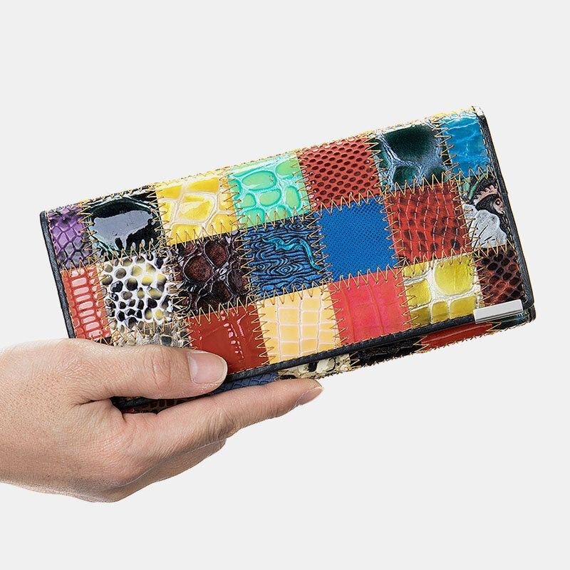 Dame Ægte Læder Bifold Farvet Geometrisk Mønster Multi-card Slot Card Case Pengeclips Møntpung Lange Clutch Tegnebøger