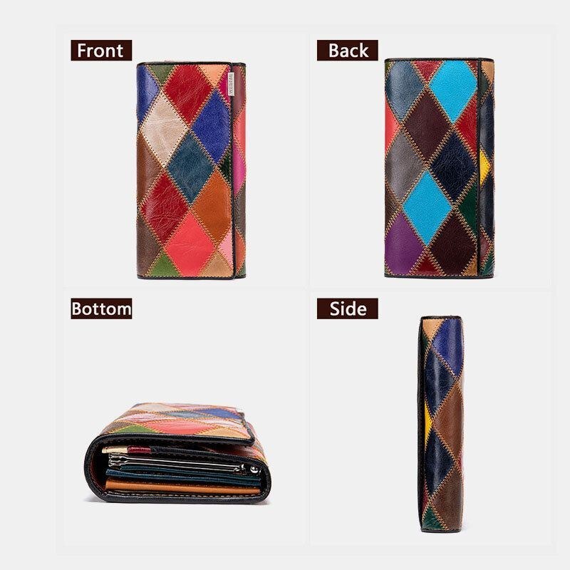 Dame Ægte Læder Bifold Farvet Geometrisk Mønster Multi-card Slot Card Case Pengeclips Møntpung Lange Clutch Tegnebøger