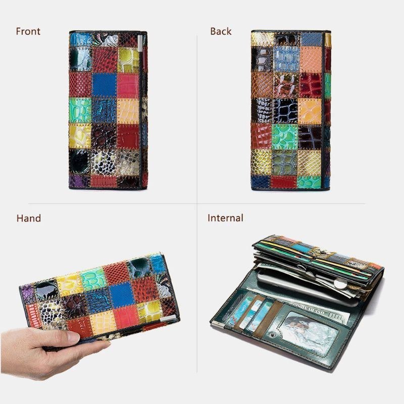 Dame Ægte Læder Bifold Farvet Geometrisk Mønster Multi-card Slot Card Case Pengeclips Møntpung Lange Clutch Tegnebøger