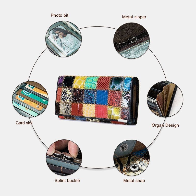 Dame Ægte Læder Bifold Farvet Geometrisk Mønster Multi-card Slot Card Case Pengeclips Møntpung Lange Clutch Tegnebøger