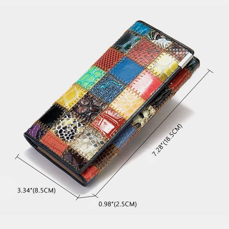 Dame Ægte Læder Bifold Farvet Geometrisk Mønster Multi-card Slot Card Case Pengeclips Møntpung Lange Clutch Tegnebøger