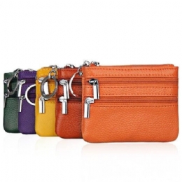 Dame Ægte Læder Dobbelt Lynlås Kortholder Clutch Pung Candy Color Møntposer