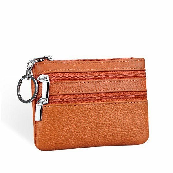 Dame Ægte Læder Dobbelt Lynlås Kortholder Clutch Pung Candy Color Møntposer