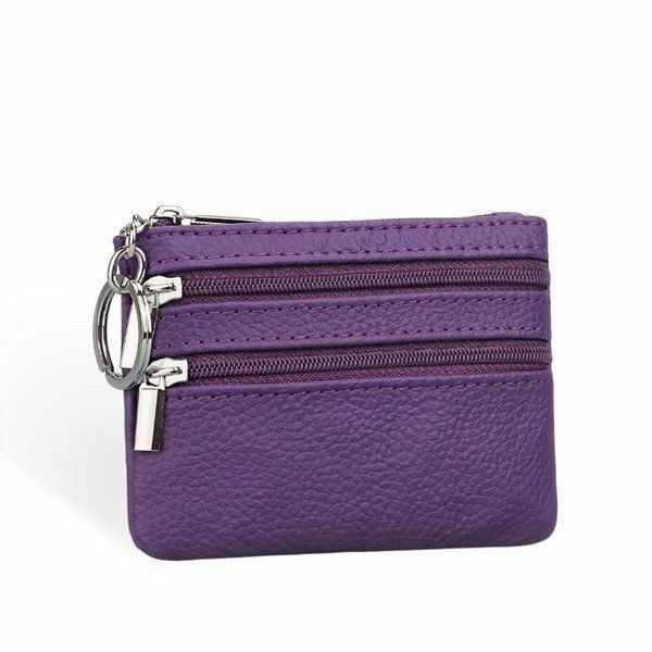 Dame Ægte Læder Dobbelt Lynlås Kortholder Clutch Pung Candy Color Møntposer