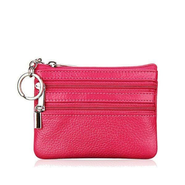 Dame Ægte Læder Dobbelt Lynlås Kortholder Clutch Pung Candy Color Møntposer