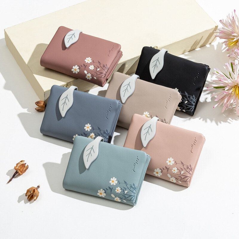 Dame Pu Læder Blomstertryk Casual Mini Let At Bære Penge Clip Card Holder Pung