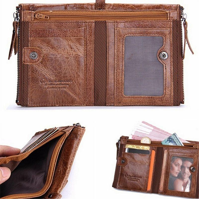 Herre Ægte Læder Bifold Hasp Multi-card Slot Kortholder Retro Dobbelt Lynlås Lomme Møntpung Kort Penge Clip Tegnebog