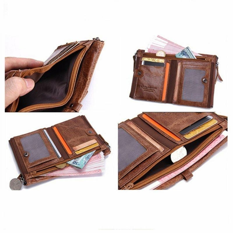 Herre Ægte Læder Bifold Hasp Multi-card Slot Kortholder Retro Dobbelt Lynlås Lomme Møntpung Kort Penge Clip Tegnebog