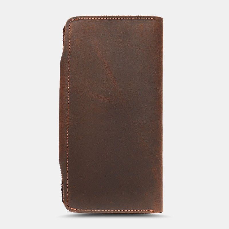 Herre Ægte Læder Lang Bifold 10 Card Slot Card Case Pengeclips Tegnebog