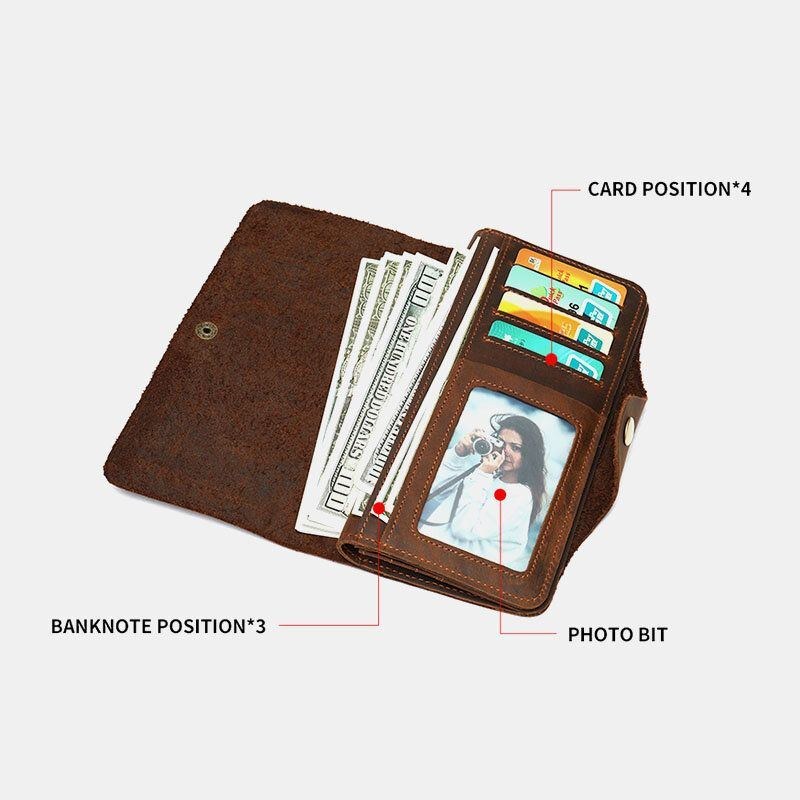 Herre Ægte Læder Lang Bifold 10 Card Slot Card Case Pengeclips Tegnebog