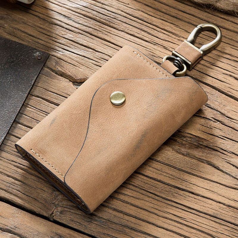 Herre Ægte Læder Multifunktion Snap Button Key Case Retro Casual Kortholder Pengeclips Tegnebøger