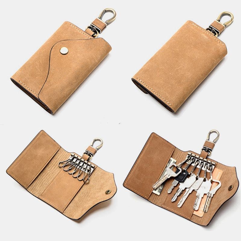 Herre Ægte Læder Multifunktion Snap Button Key Case Retro Casual Kortholder Pengeclips Tegnebøger