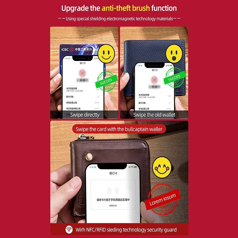 Herre Ægte Læder Multifunktions Bifold Lynlås Tegnebøger Anti-magnetisk Multi-kort Slot Kortholder Møntpung