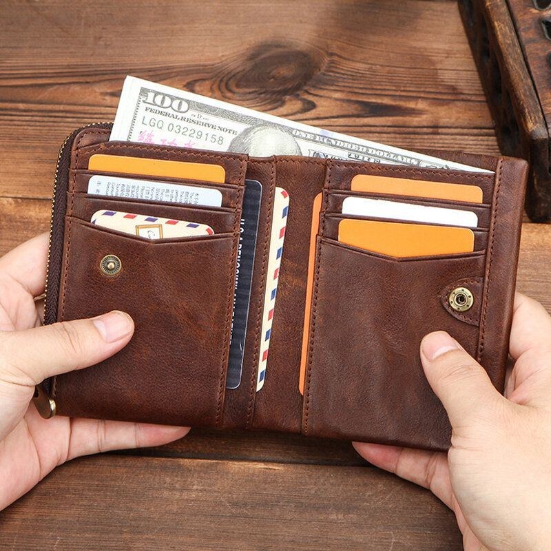 Herre Ægte Læder Tyverisikring Retro Business Holdbar Lynlås Multi Card Slots Kortholder Tegnebog