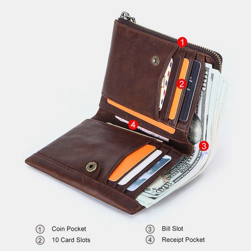 Herre Ægte Læder Tyverisikring Retro Business Holdbar Lynlås Multi Card Slots Kortholder Tegnebog