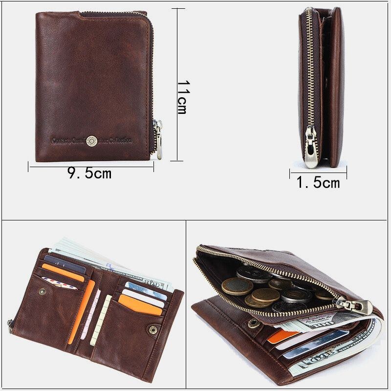 Herre Ægte Læder Tyverisikring Retro Business Holdbar Lynlås Multi Card Slots Kortholder Tegnebog