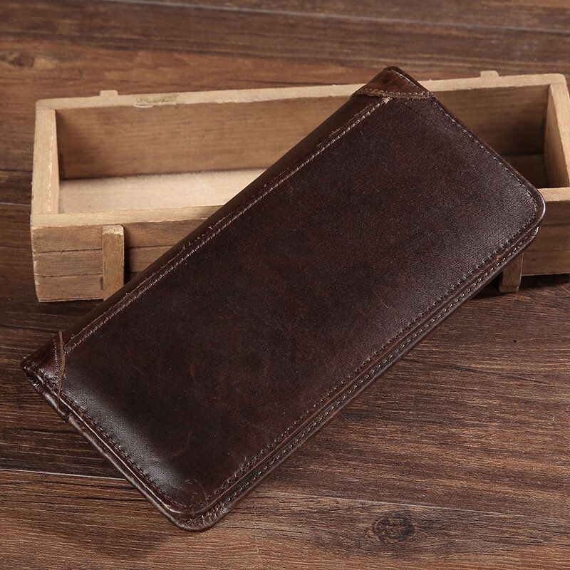 Herre Retro Lang Bifold Ægte Læder Pung Casual 12 Card Slot Kortholder Pengeclips Clutch Taske