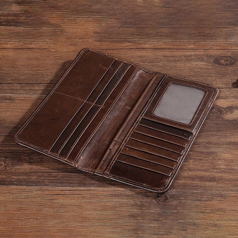 Herre Retro Lang Bifold Ægte Læder Pung Casual 12 Card Slot Kortholder Pengeclips Clutch Taske