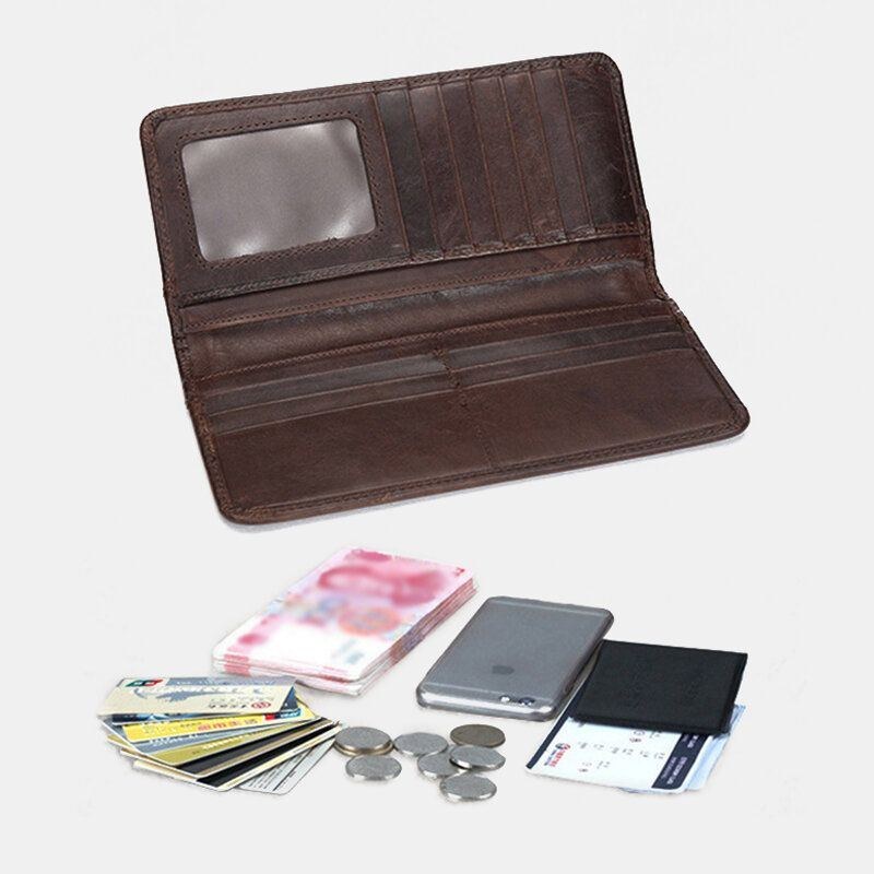 Herre Retro Lang Bifold Ægte Læder Pung Casual 12 Card Slot Kortholder Pengeclips Clutch Taske