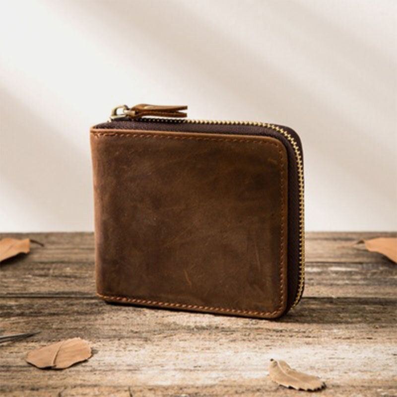 Herre Vintage Ægte Læder Lynlås Rundt Cardwallet Holder Møntpose