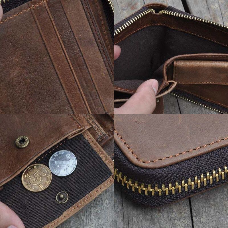 Herre Vintage Ægte Læder Lynlås Rundt Cardwallet Holder Møntpose