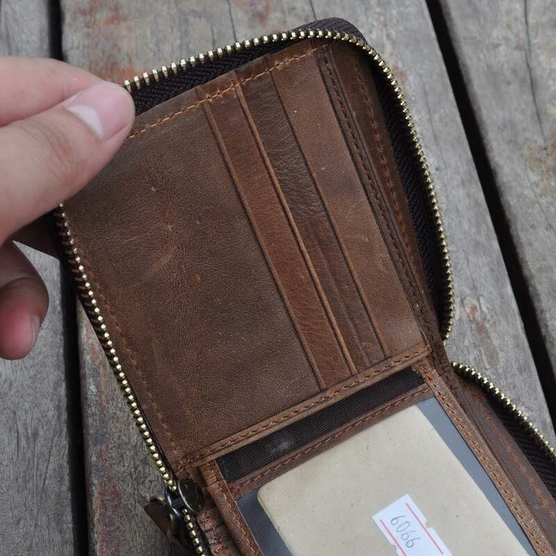 Herre Vintage Ægte Læder Lynlås Rundt Cardwallet Holder Møntpose