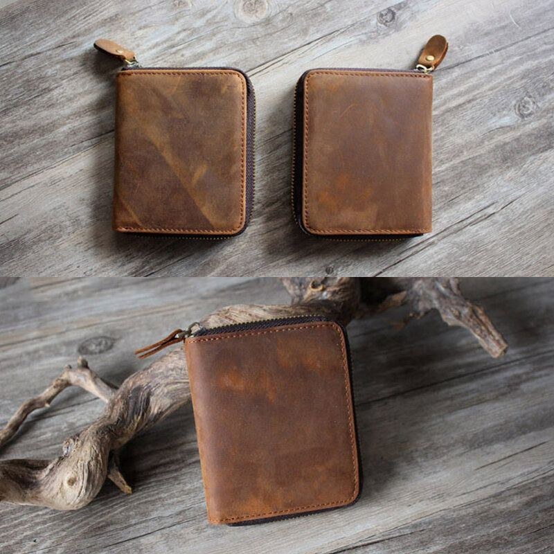 Herre Vintage Ægte Læder Lynlås Rundt Cardwallet Holder Møntpose