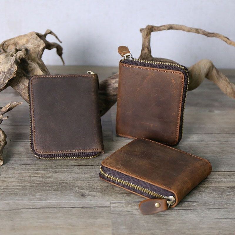 Herre Vintage Ægte Læder Lynlås Rundt Cardwallet Holder Møntpose