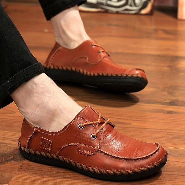 Herre Casual Læder Udendørs Komfortable Flat Lace Up Rund Toe Oxfords Sko