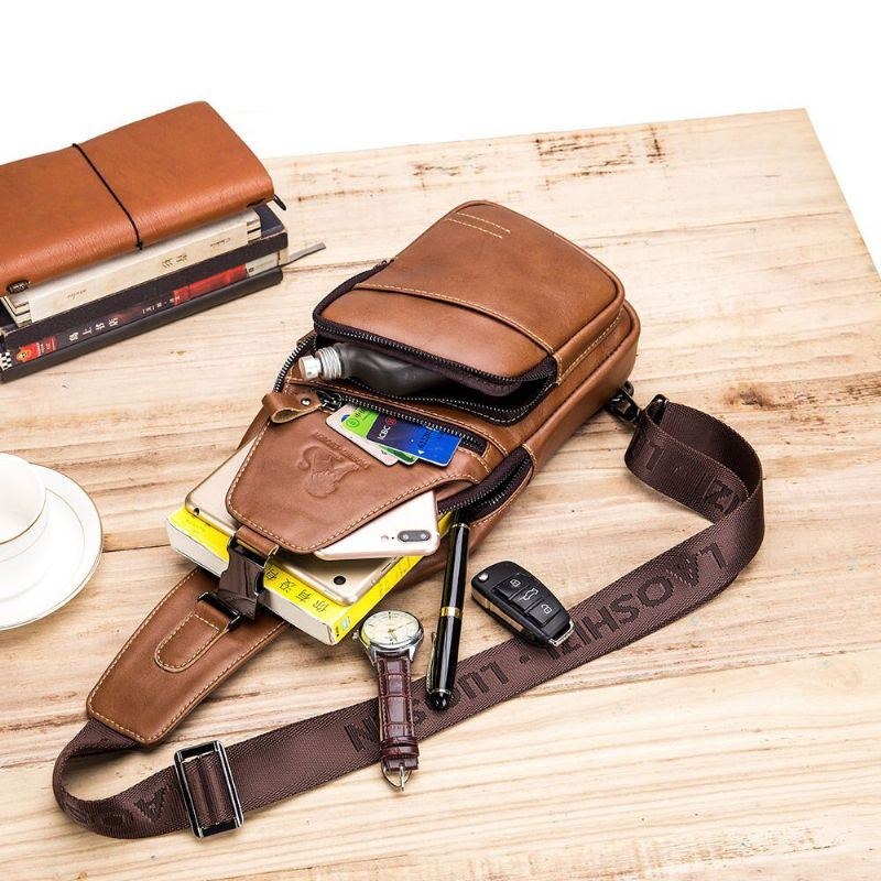 Herre Ægte Læder Hasp Hovedtelefonhul Stor Kapacitet Vintage 6.5 Tommer Telefontaske Brysttaske Crossbody-taske Skuldertaske