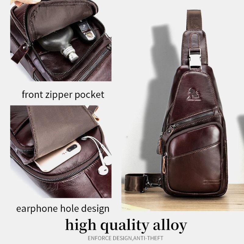 Herre Ægte Læder Hasp Hovedtelefonhul Stor Kapacitet Vintage 6.5 Tommer Telefontaske Brysttaske Crossbody-taske Skuldertaske