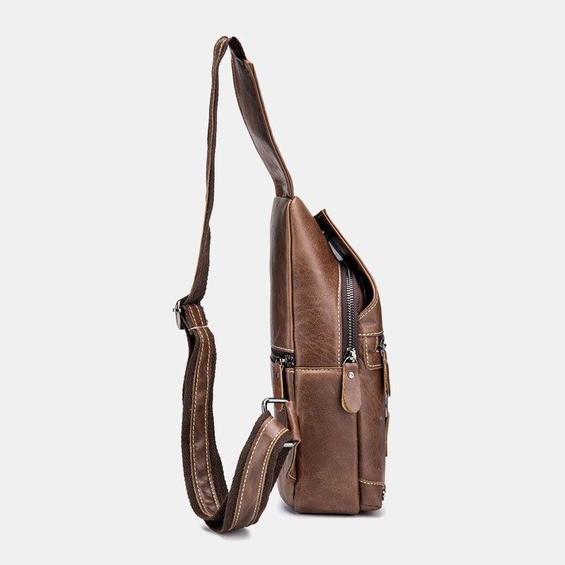 Herre Ægte Læder Multi-lomme Anti-tyveri Slidbestandig Vintage Casual Crossbody Taske Brysttaske