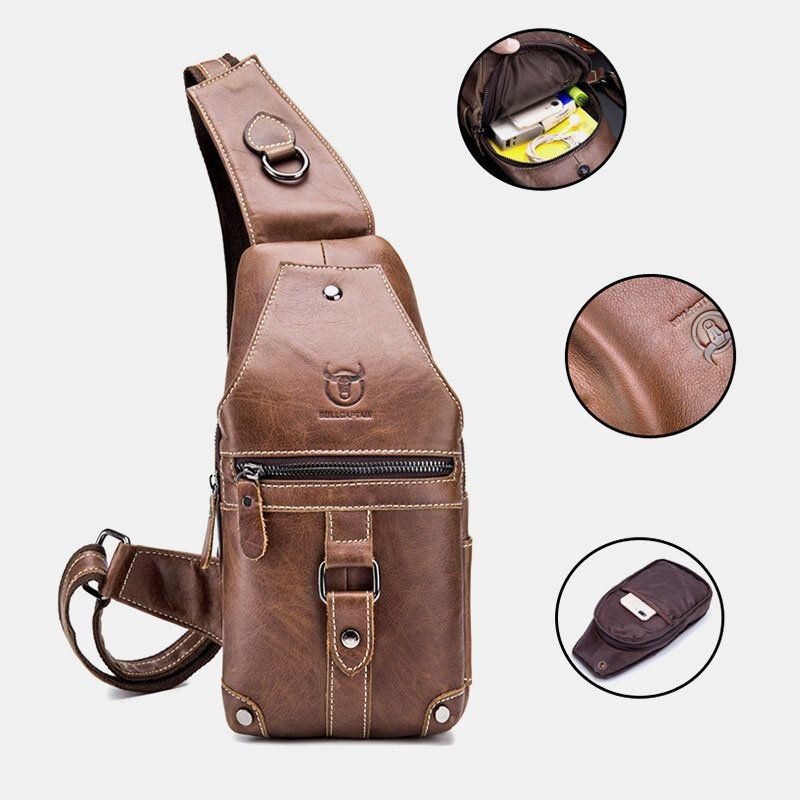 Herre Ægte Læder Multi-lomme Anti-tyveri Slidbestandig Vintage Casual Crossbody Taske Brysttaske