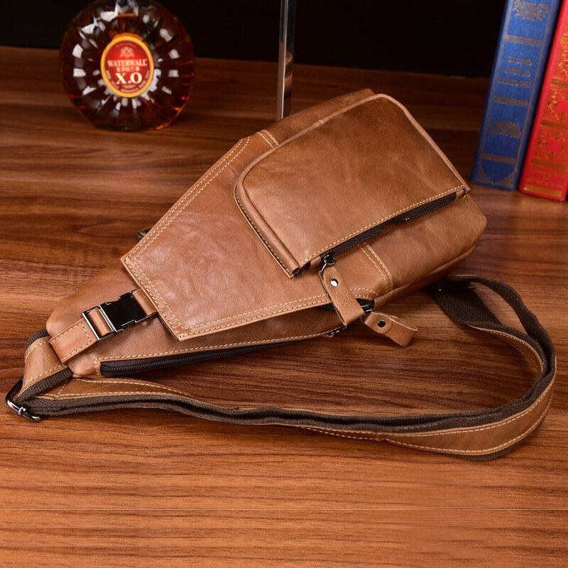 Herre Ægte Læder Multi-pocket Anti-tyveri Brysttaske Retro Wear Vandtæt Crossbody Taske