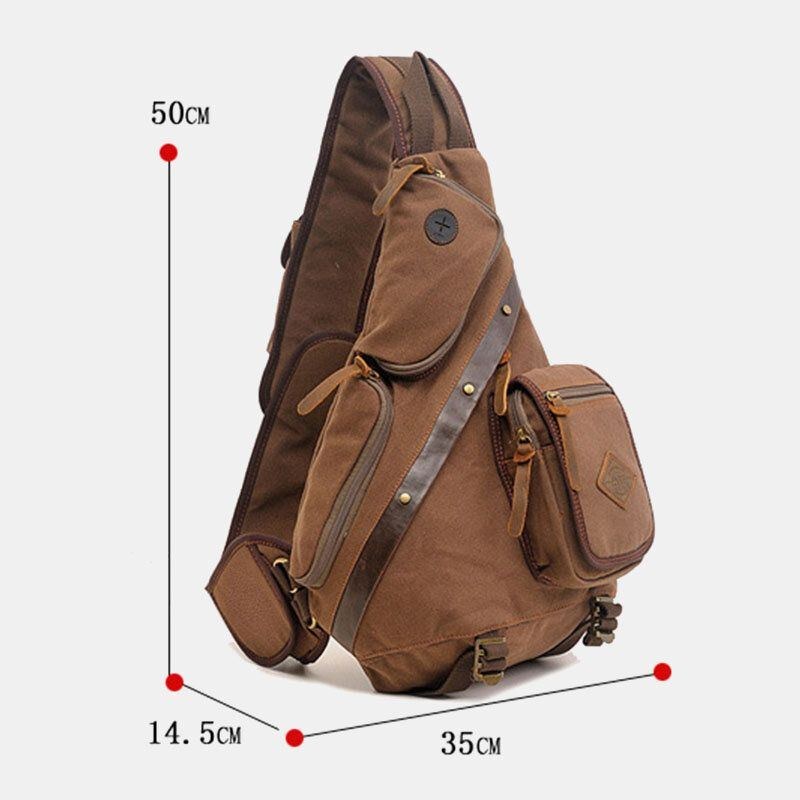 Herre Ægte Læder Og Lærred Rejse Udendørs Bæretaske Multi-lomme Crossbody Taske Brysttaske