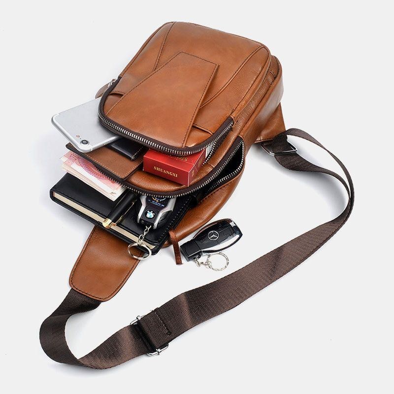 Herre Ægte Læder Ryg Tyverisikret Lynlåslomme Brysttaske Mode Casual Slidbestandig Crossbody-taske Skuldertaske