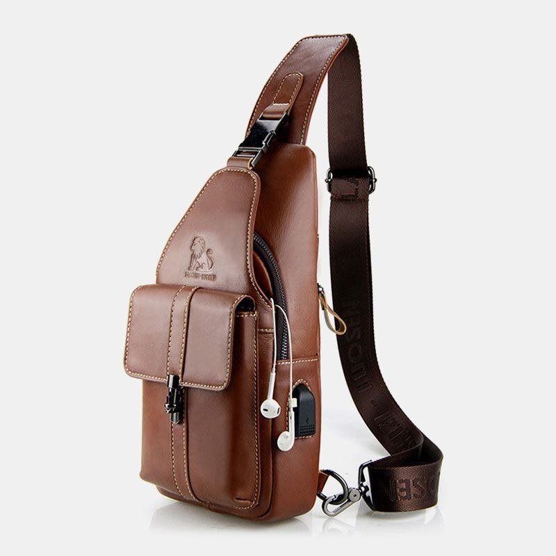 Herre Ægte Læder Usb Opladning Retro Casual Koskind Brysttaske Sling Bag Crossbody Taske