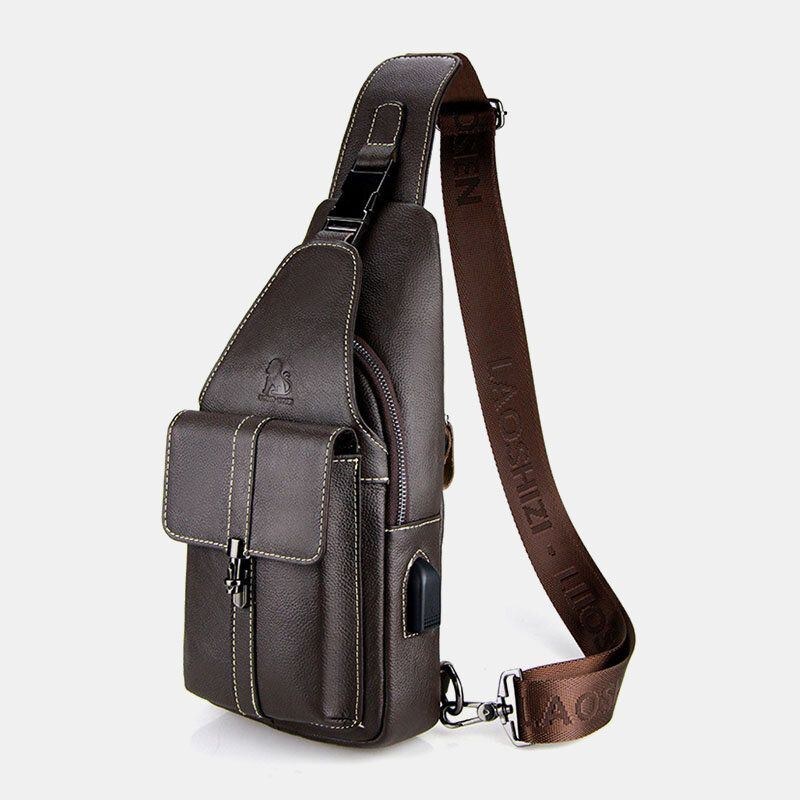 Herre Ægte Læder Usb Opladning Retro Casual Koskind Brysttaske Sling Bag Crossbody Taske