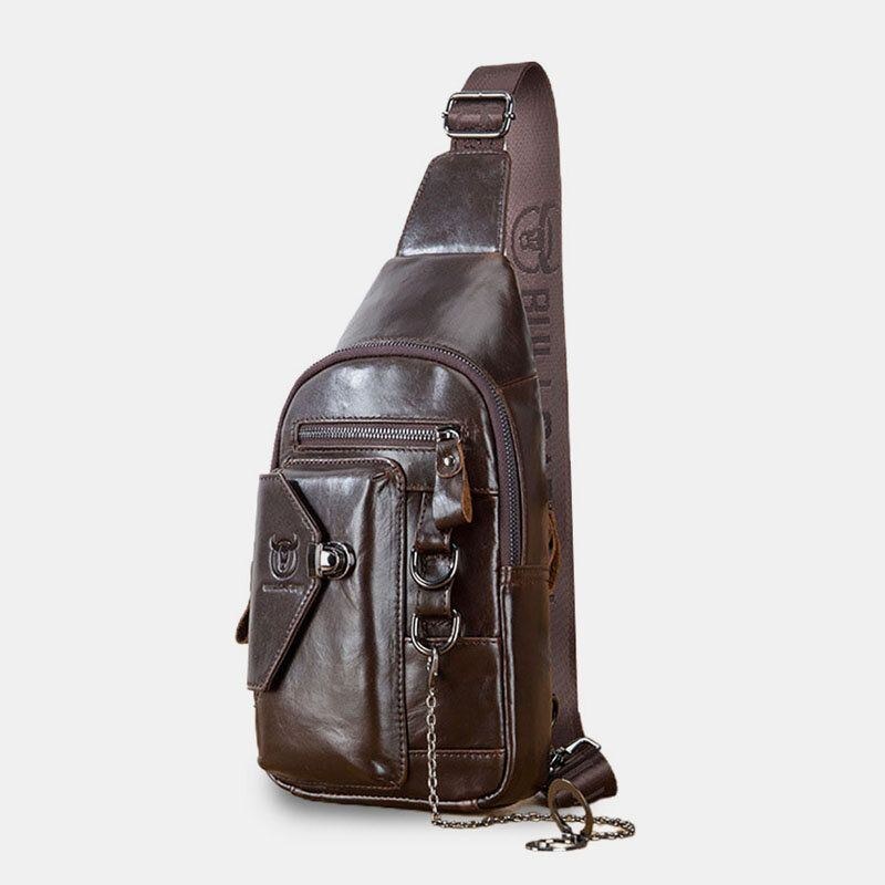 Herre Multipocket Blødt Læder Brysttaske Vintage Mobiltelefon Holder Kæde Crossbody Skuldertaske