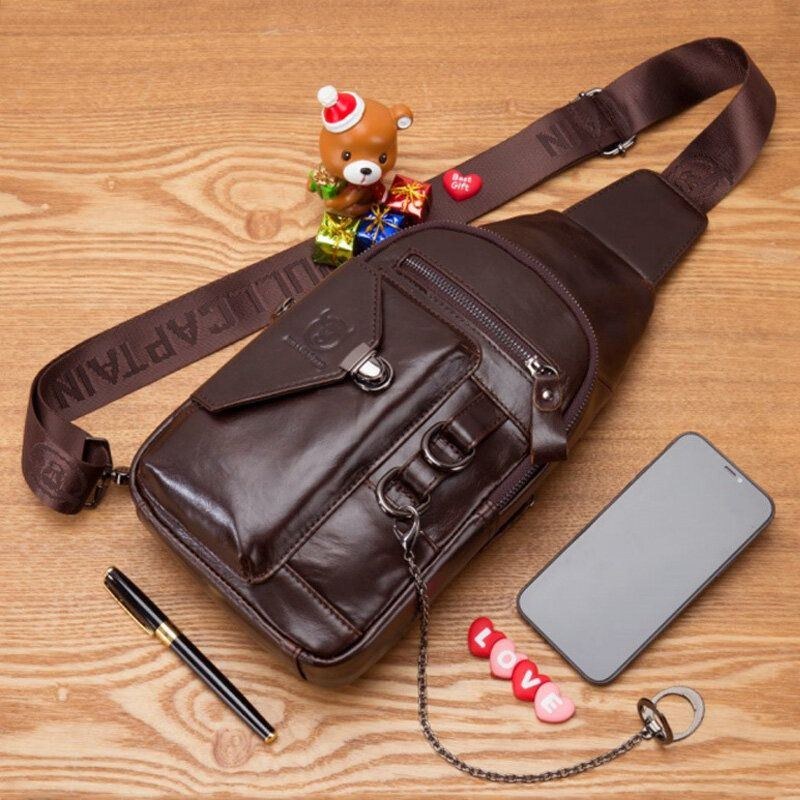 Herre Multipocket Blødt Læder Brysttaske Vintage Mobiltelefon Holder Kæde Crossbody Skuldertaske