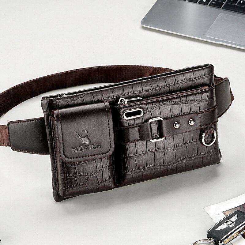 Herre Pu Læder Multi-lomme Slidstærk Brysttaske Taljetaske Hovedtelefonhul Design 6.5 Tommer Telefontaske Crossbody-tasker