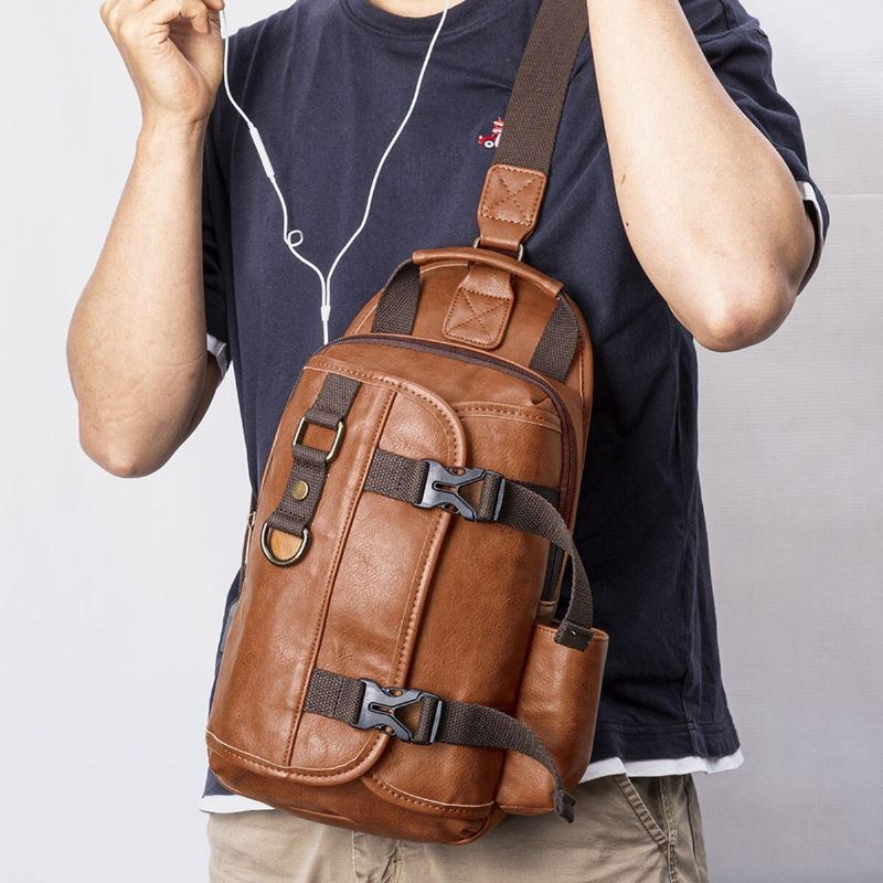 Herre Pu Læder Stor Kapacitet Multifunktions Headset Hul Usb Opladning Short Trip Sling Tasker Crossbody Taske Brysttaske