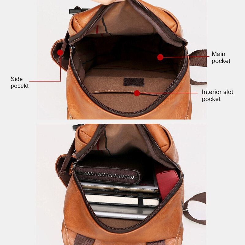 Herre Pu Læder Stor Kapacitet Multifunktions Headset Hul Usb Opladning Short Trip Sling Tasker Crossbody Taske Brysttaske