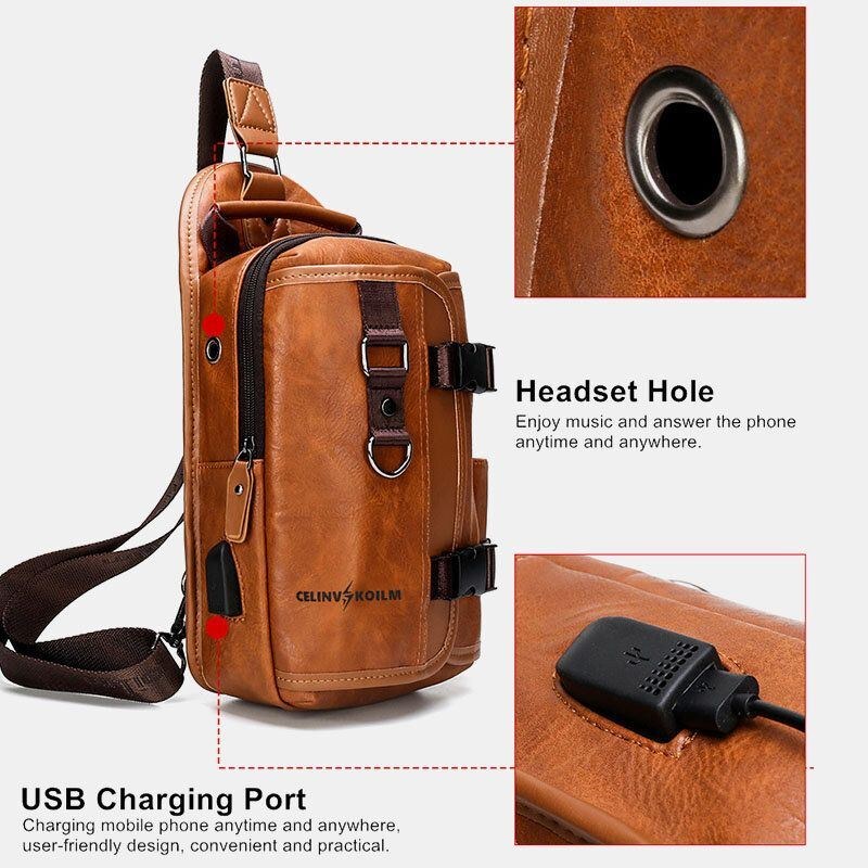 Herre Pu Læder Stor Kapacitet Multifunktions Headset Hul Usb Opladning Short Trip Sling Tasker Crossbody Taske Brysttaske