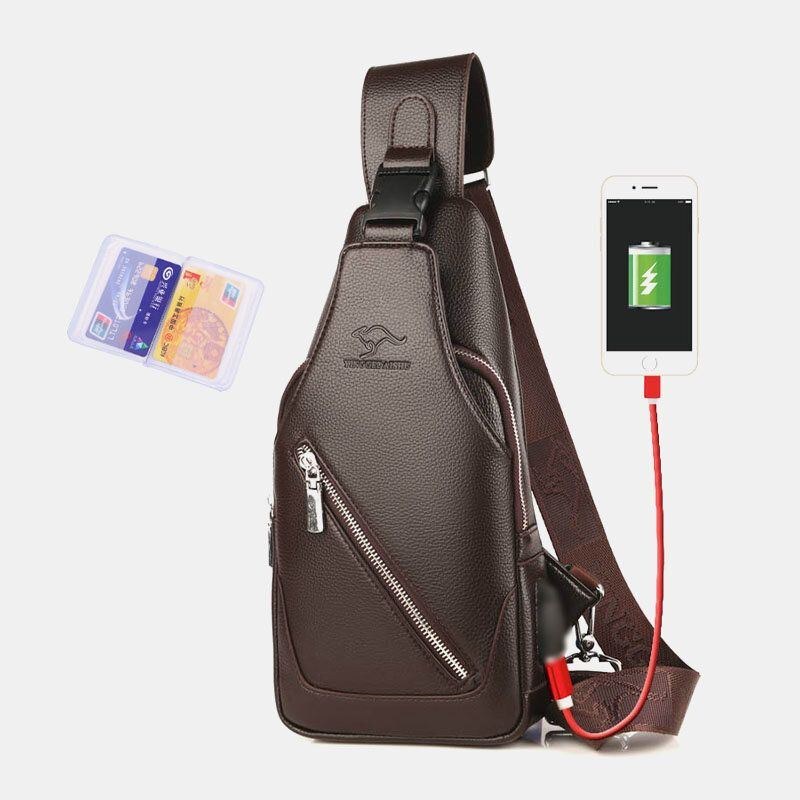 Herre Pu Læder Usb Opladning Vandtæt Øretelefon Hul Business Crossbody Taske Brysttaske Sling Bag