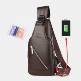 Herre Pu Læder Usb Opladning Vandtæt Øretelefon Hul Business Crossbody Taske Brysttaske Sling Bag