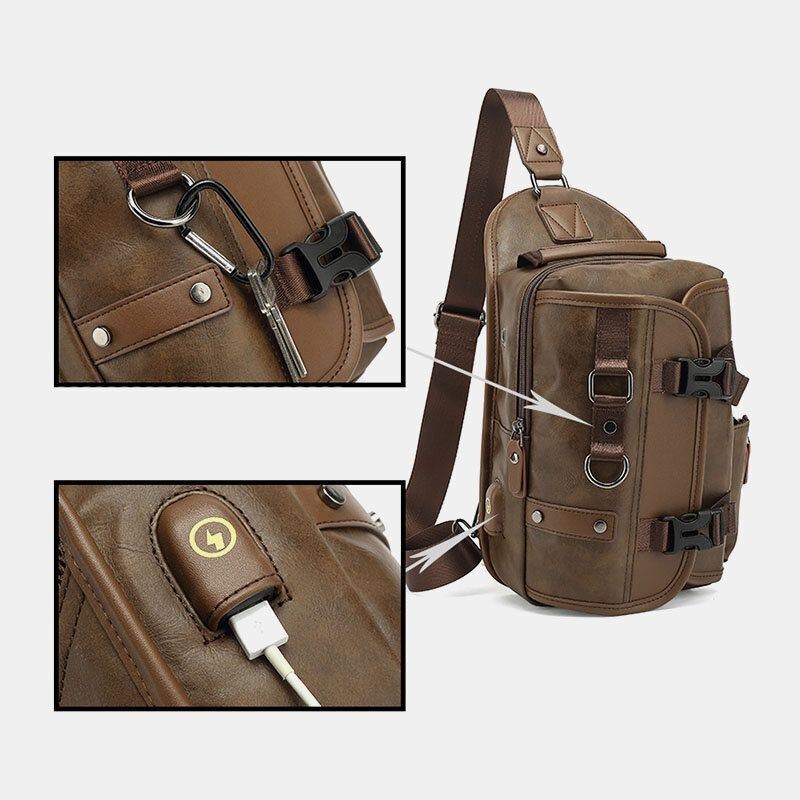 Herre Pu Læder Vintage Multifunktions Øretelefonhul Usb-opladning Crossbody-taske Brysttaske Sling Bag