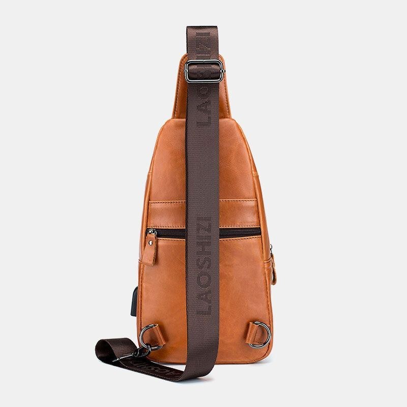 Herre Vintage Ægte Læder Multifunktions Hovedtelefon Hul Design Slidbestandig Brysttaske Crossbody Bag Sling Bag